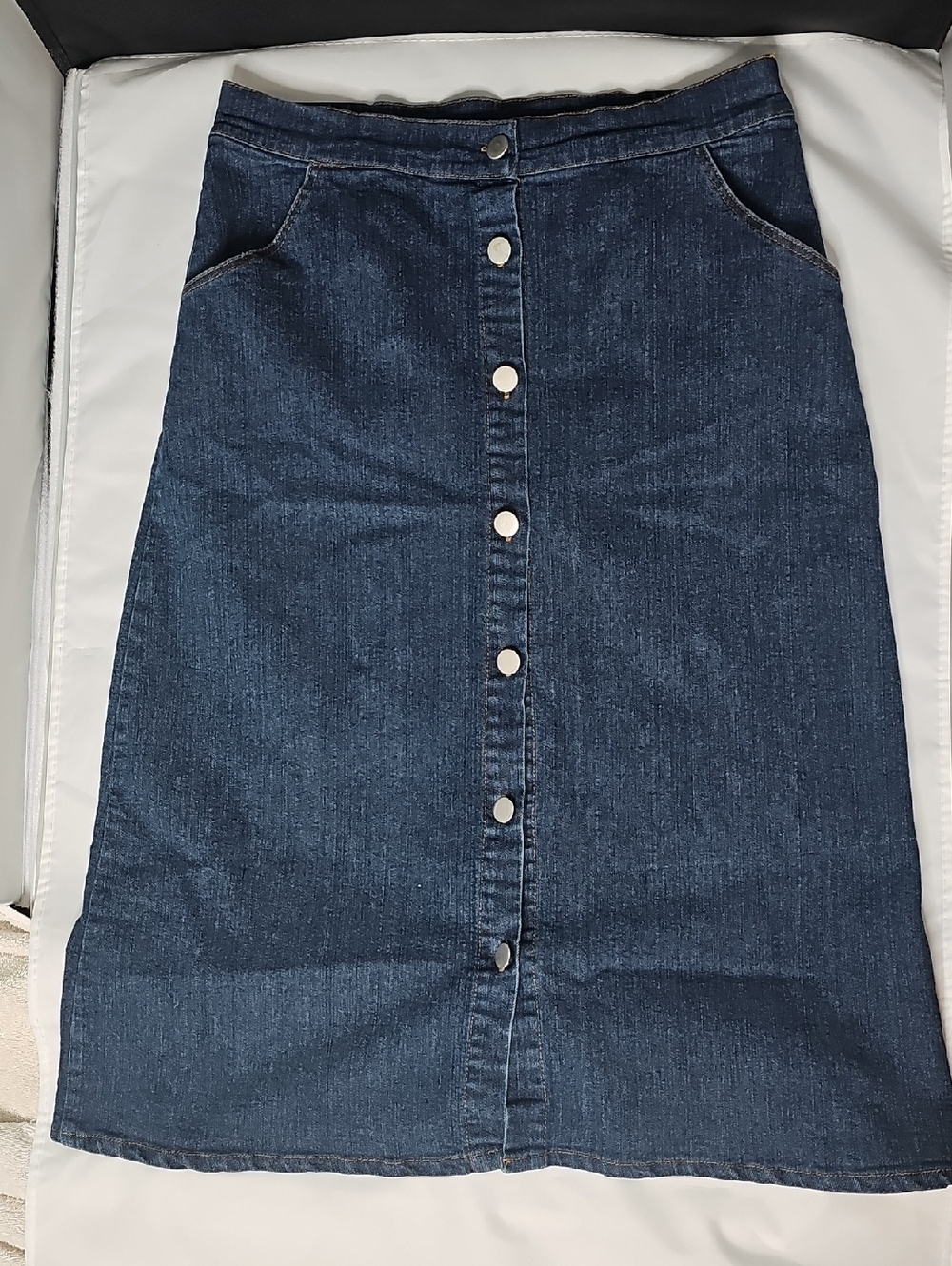 Button-Front Dark Denim Midi Skirt - Picture 1 of 4